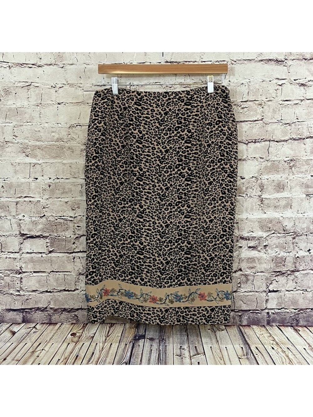 Silk Club CollectionnTan Animal Floral Silk Beaded Hem Skirt